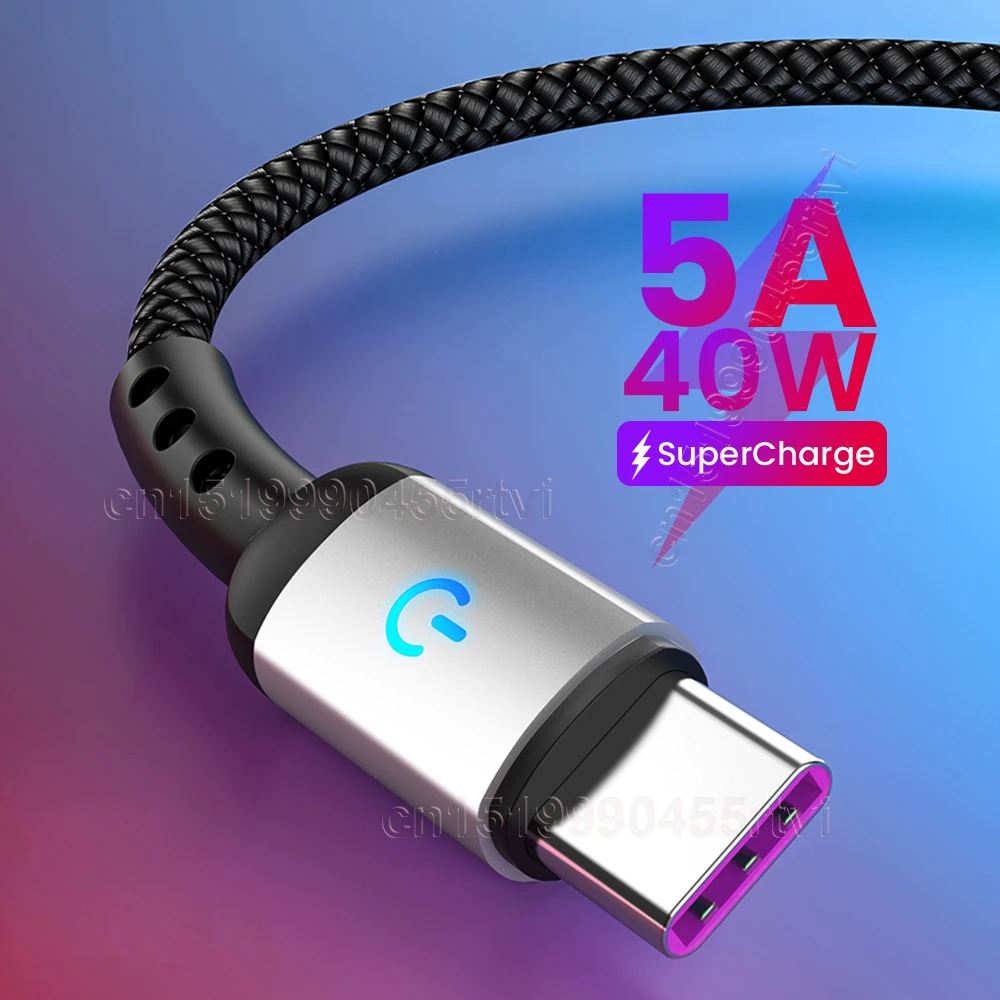 LED USB Type C Cable 5A Fast Charging USB C Cable for Huawei Xiaomi Mi Mobile Phone USB-C Data Cord for Samsung Galaxy S10 1.2m iphone to usb adapter