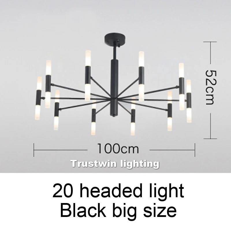 Black 20 head big Европейский современный простой футляр для удочки светодиодный Люстра Гостиная Спальня украшение лампы - Цвет абажура: Black 20 head big