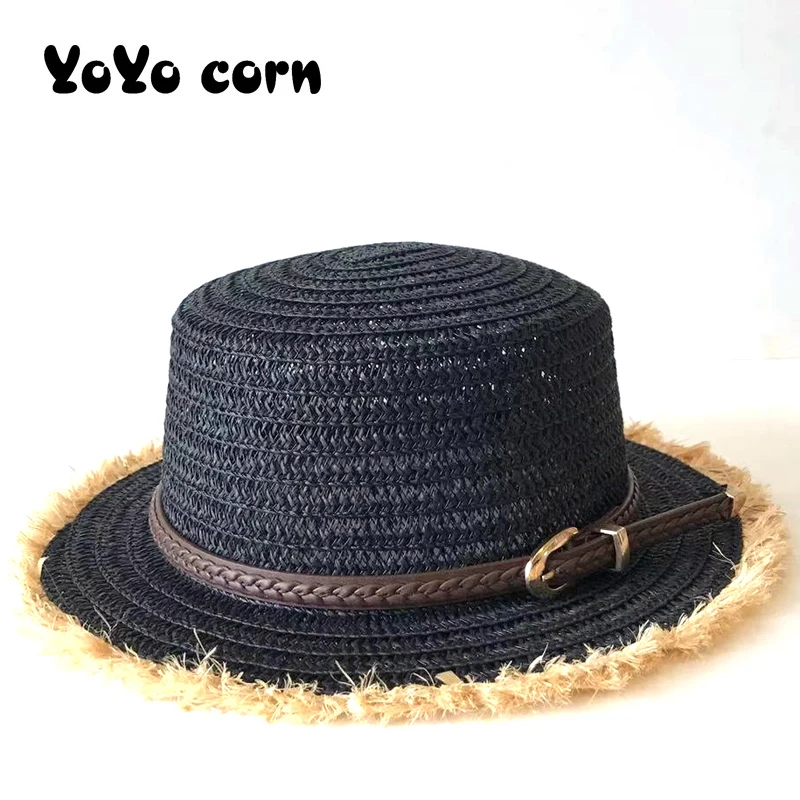 

YOYCORN Girl Straw Sun Hat Sun Block Vacation Seaside Beach Simple Casual cap Raffia belt Summer caps able Women Sun Block Hat