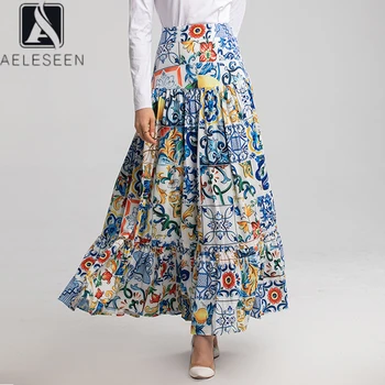 

AELESEEN Runway Fashion Skirt 2020 Spring Autumn Designer Women White Blue Porcelain Flowers Ruffles Printed Skirt With Belt