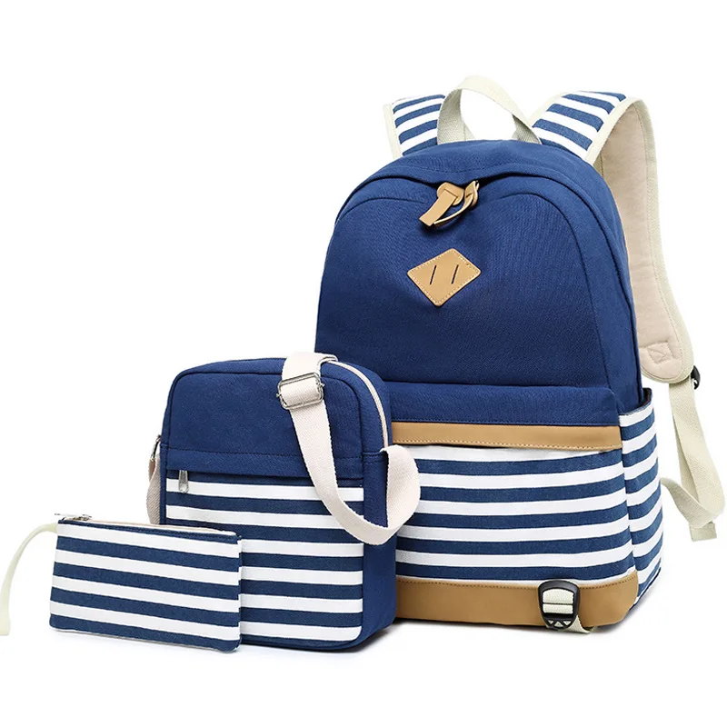 The New Three-piece Large-capacity Striped Backpack Casual Student Bag