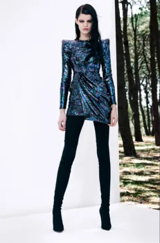 

Fashion Show Elegant sexy women celebrity body con dresses wholesale Diamonds Sequined O-neck Long sleeve Empire Mini dress