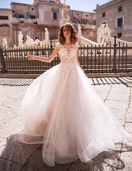 

Illusion CHampagne Tulle Lace Appliques Wedding Dress 2020 New Long A-line Bridal Gown Buttons Back свадебные платья vestidos