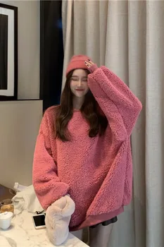 

New sweater women's autumn and winter fashion Korean version of loose lamb hair pure color plush shirt