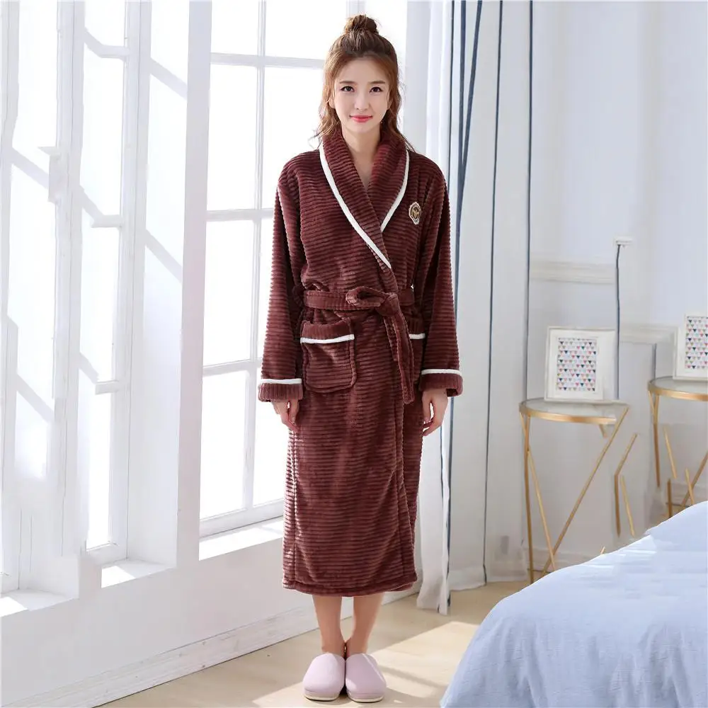 Большой размер Коралловая флисовая фланель Ночная рубашка пижамы Пижама-кимоно для влюбленных Домашняя одежда женское банное полотенце на липучке и Мужская Ночная рубашка - Цвет: Women Brown1