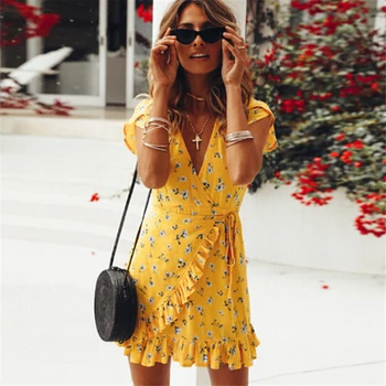 

2020 Women Floral V-Neck Ruffles Print Dress Fashion Yellow Elegant Summer Dress Beach Mini Dresses Boho Style Party Dresses