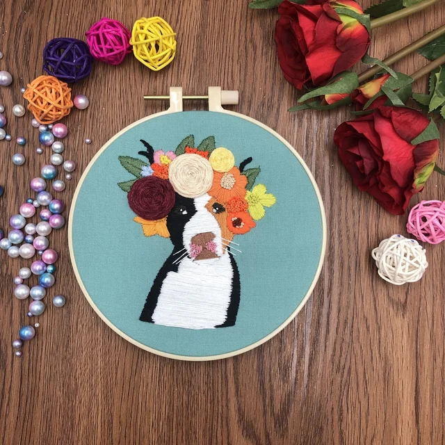 Animal World Embroidery Starter Kit for Beginners, Modern Embroidery Kits, Contains all Embroidery Tools, English Description Dog B