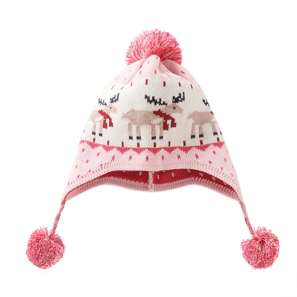 Милая зимняя шапочка с рисунком оленя для мальчиков и девочек; вязаные детские шапки из хлопка и флиса; осенне-зимняя шапка с помпоном и ушками