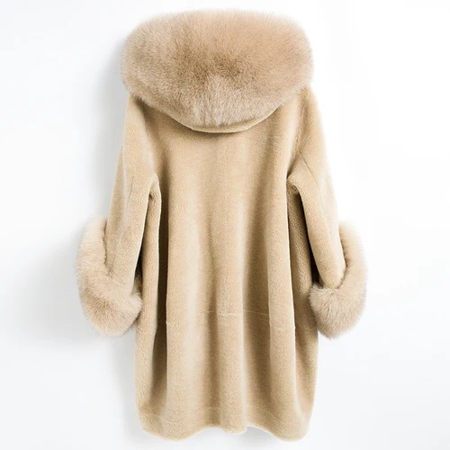 AYUNSUE Новое Женское пальто из натурального меха, Зимняя шерстяная куртка для стрижки овец, воротник из лисьего меха с капюшоном, белые корейские женские пальто KJ3547 - Цвет: Beige