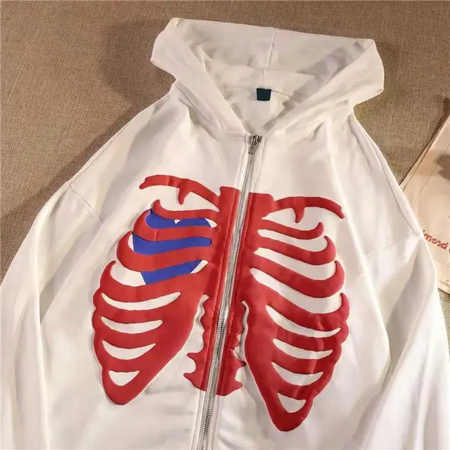Clothes Skeleton Printing Hoodie Anime Men Women Long-sleeve Zipper Hoodie Jacket Loose Streetwear Kpop Clothes Oversized white