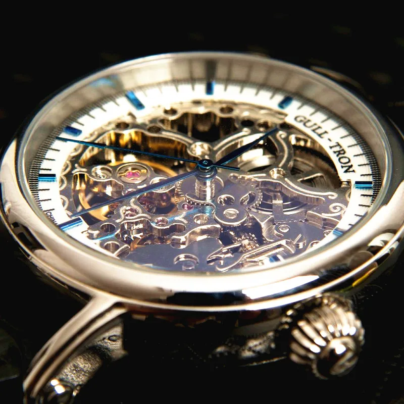Automatic Mechanical Men's Watch Personality Hollow Watches Seagull M182SK Movement Black Brown Leather strap Wristwatchnew