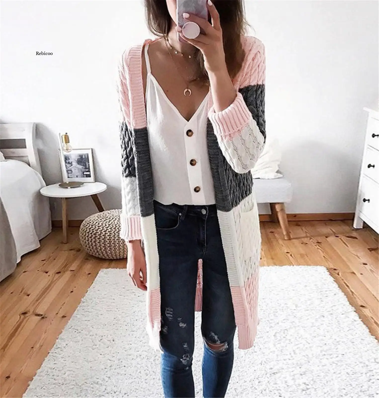 

Women Solid Color Contrast Long Sleeve Pocket Outerwear Sweater Cardigan Jacket Fashion Daily High Quality Coat Fast Shipping