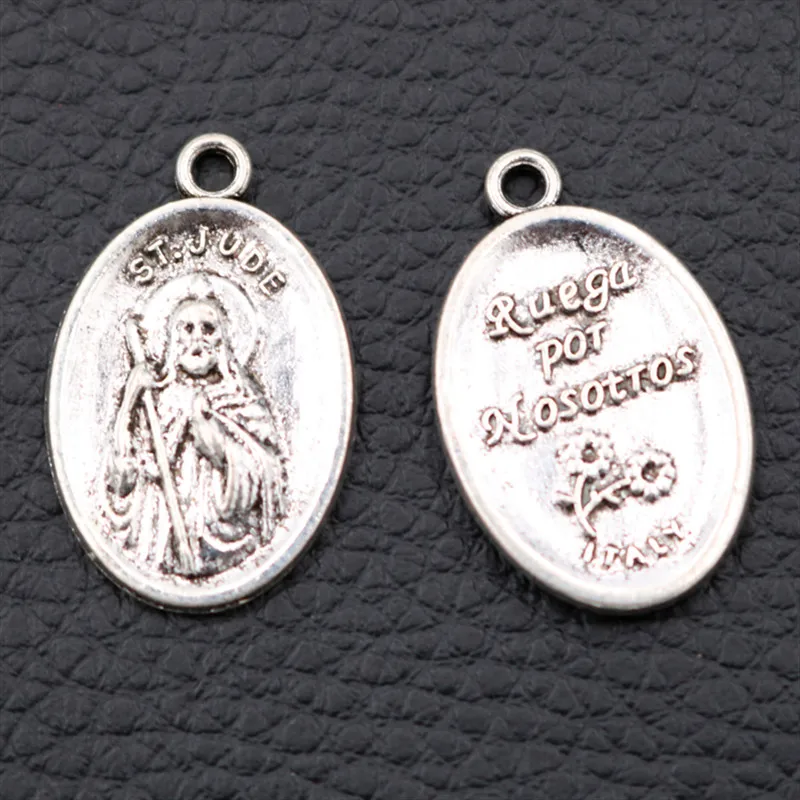 10pcs Antique Silver Ruega por Nosottos, St Jude Charm Catholic Oval Tag Pendant DIY Religious Jewelry Handmade26*16mm A2005