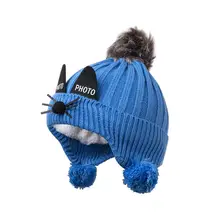  Newborn Girls Boys Winter Warmer Wool Fur Kids Cap Pompom Ball Cartoon Cat Ears Knit Warm Children Hats photography props 