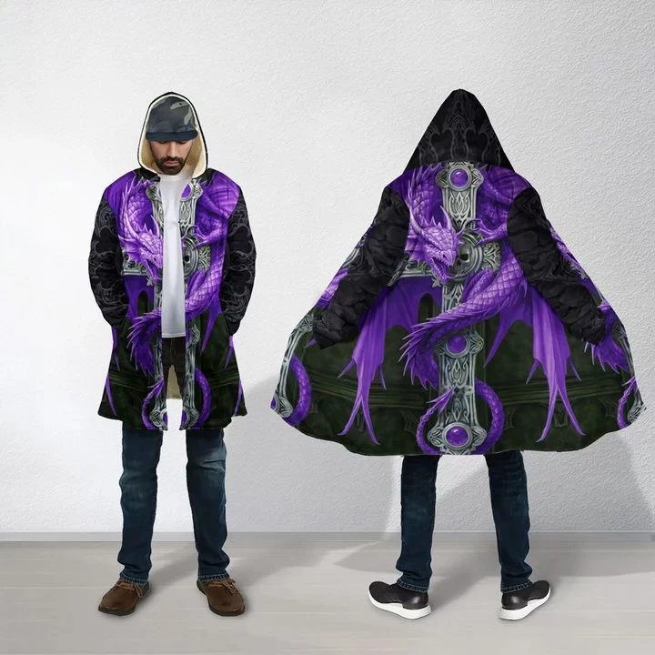 2024 Winter Herren Mantel Lava Drache und Schädel Tattoo 3D Volldruck Fleece Kapuzenmantel Unisex Casual Dicke Warme Cape-Mantel PF44 – Detail 8