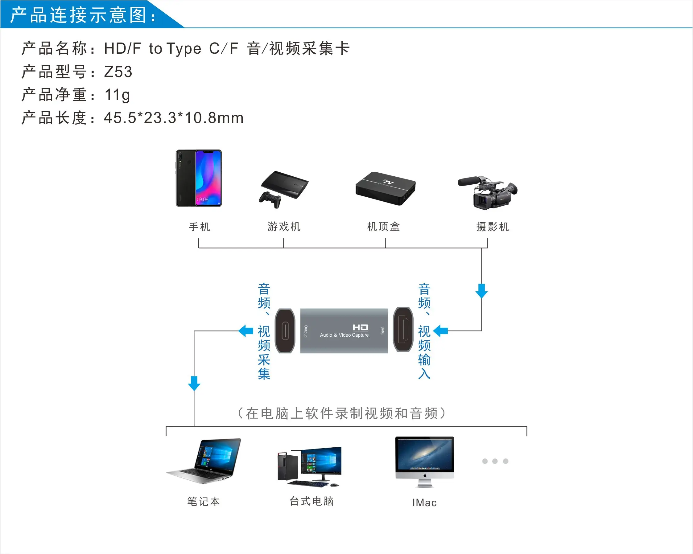 4K Video Capture Card for HDMI-compatible female to USB C TYPE C female adapter 1080P Live Video Streaming Game Recorder adape