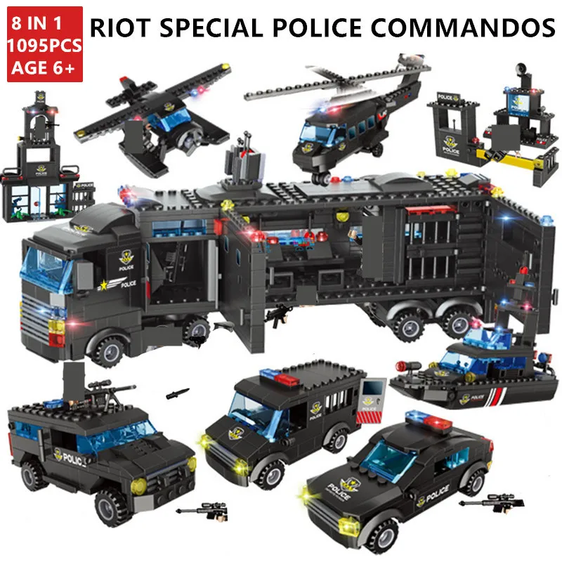 Billig 8 teile los Stadt Polizei SWAT Fahrzeug Lkw Auto Hubschrauber Bausteine Sets LegoINGs Juguetes Technik Ziegel Playmobil Kinder Spielzeug