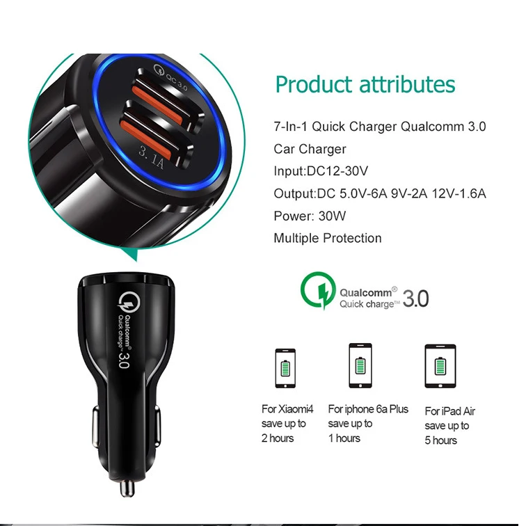 Автомобильное зарядное устройство Quick Charge 3,0 QC 3,0 адаптер быстрой зарядки двойной USB Автомобильное зарядное устройство для iphone Micro usb type C кабель зарядное устройство для телефона s