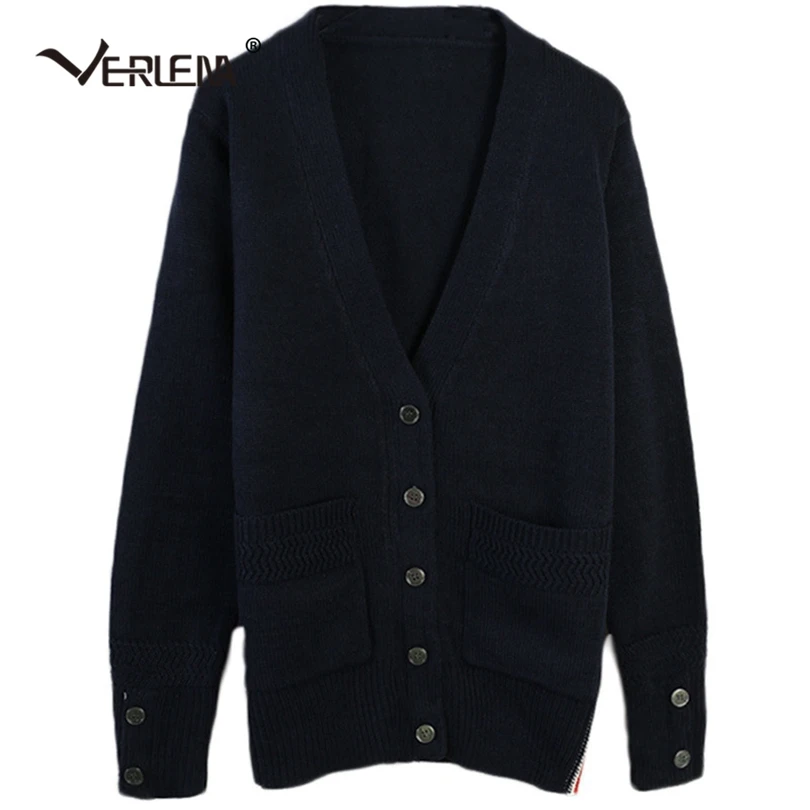Verlena Stripe Decorated V-Neck Cardigan Long Sleeve Double Patch Pockets Sweet Pink Casual Autumn Sweater Women Pull Femme - Цвет: Черный