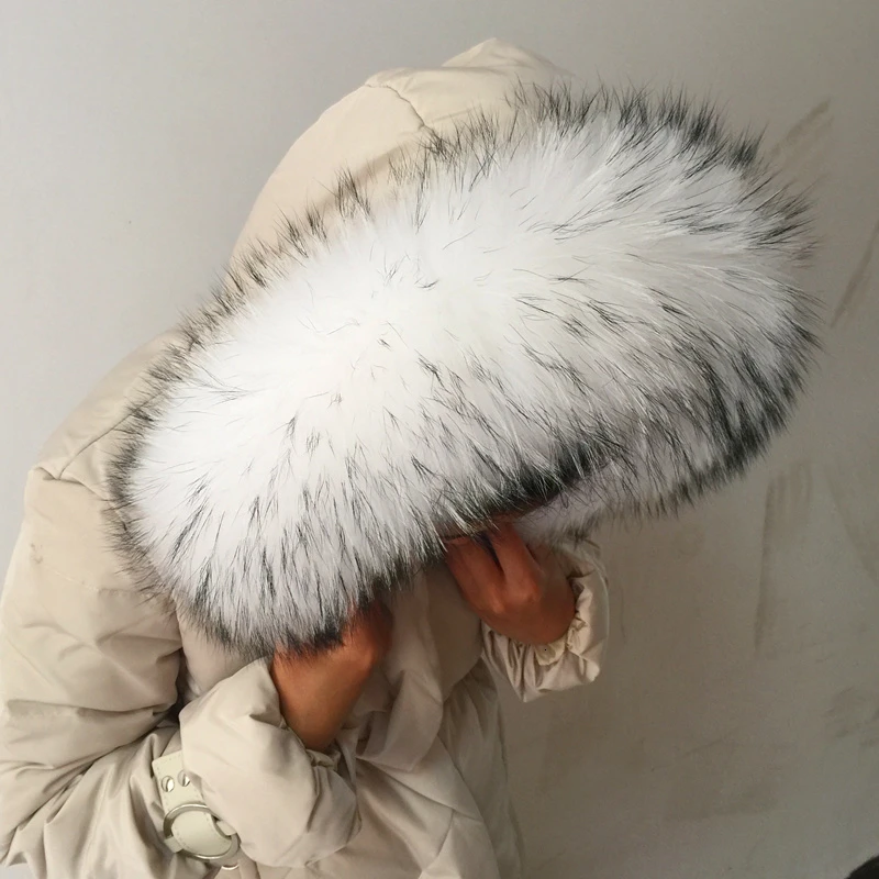 White black tip Новинка, зимнее пальто с воротником из меха лисы, меховое пальто с воротником из меха енота, женское роскошное пальто с меховым воротником, модный брендовый женский шарф - Цвет: White black tip