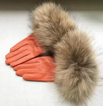 orange Женские перчатки из натуральной кожи с натуральным мехом енота, женские теплые перчатки из натуральной овечьей кожи размера плюс, черные перчатки для вождения R2441 - Цвет: orange