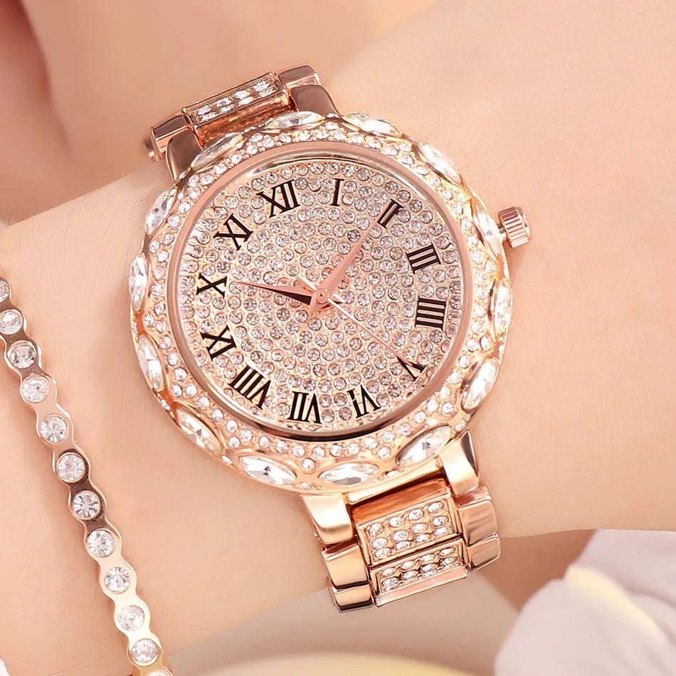 GEDI роскошные женские часы с бриллиантами, полностью Стразы, наручные часы, женские часы с кристаллами, золотые женские кварцевые часы zegarek damski - Цвет: Rosegold women watch