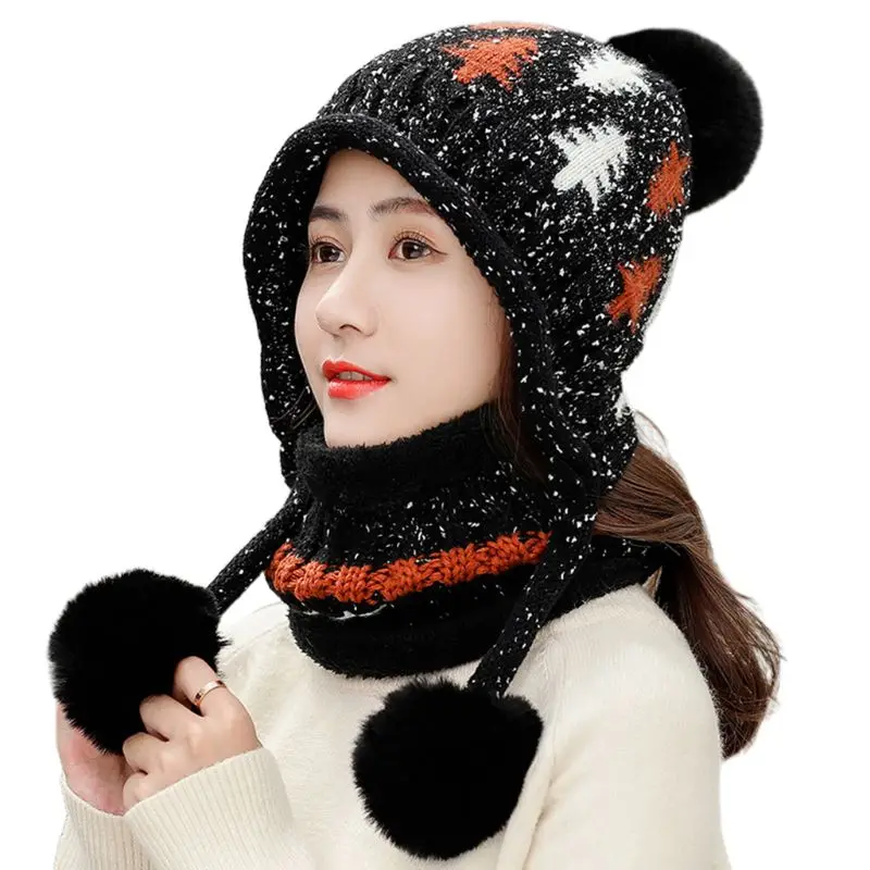 Women Tree Cable Knit Pompom Beanie Earflap Hat Plush Lined Infinity Scarf Set