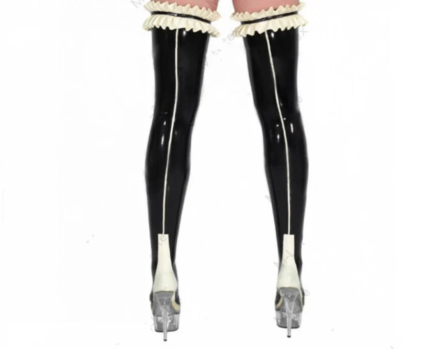 Sexy Black Latex Stockings Lace High Tight Thigh Fetish with White Ruffles