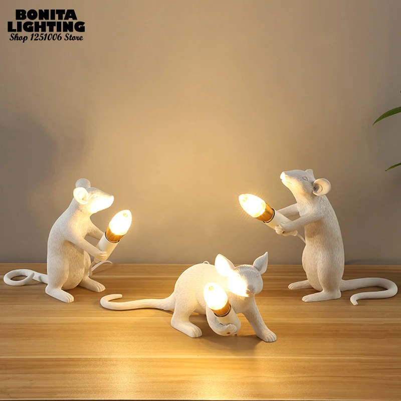 Настольная лампа из смолы для моделирования mousie, настольный декоративный светильник ing Little mouse, Настольный светильник в виде животного для спальни, черный/белый/золотистый