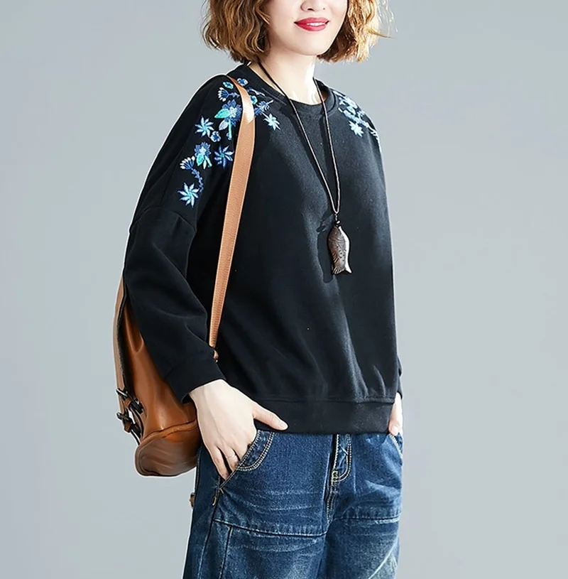 Autumn New Chinese Style Thickened Pullover Sweater Embroidery Cotton Loose Casual Tops Casual High Quality Warm Winter TA2167