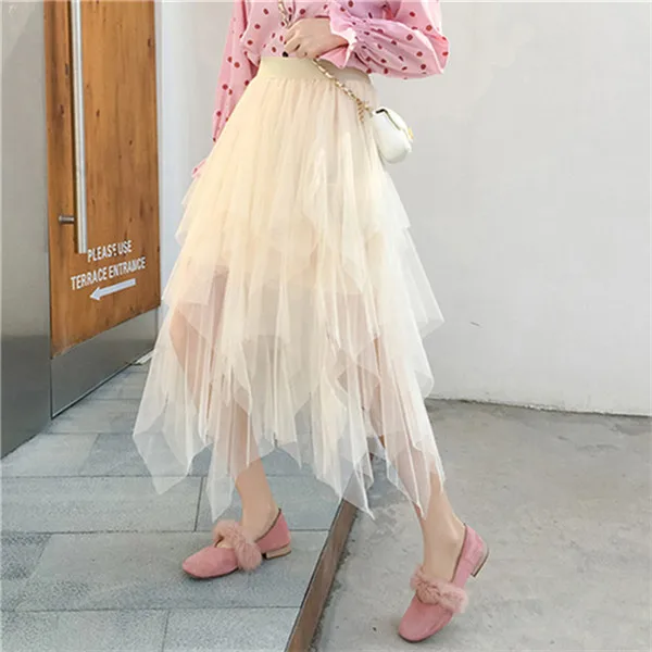 Beige KLV Модные женские весенне-осенние вечерние юбки с эластичной высокой талией, Длинные тюлевые юбки, женские элегантные асимметричные юбки-пачки из сетки - Цвет: Beige