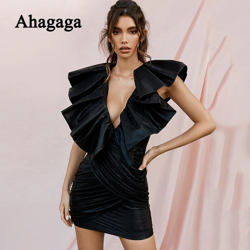 

2019 Elegant Women Mini Dress Fashion Sheath Bodycon Sleeveless V-neck Ruffles Black Party Dresses Women Female Vestidos Robes
