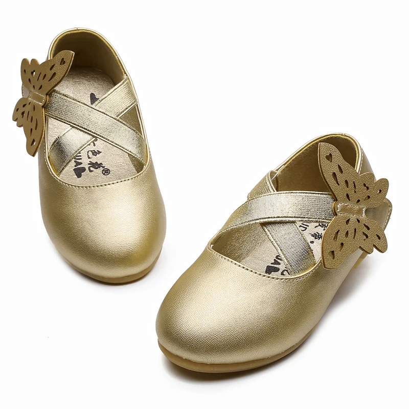 Милые детские туфли принцессы с бабочками для девочек; мягкие детские танцевальные туфли на плоской подошве; Цвет серебристый, белый, золотистый; SO001