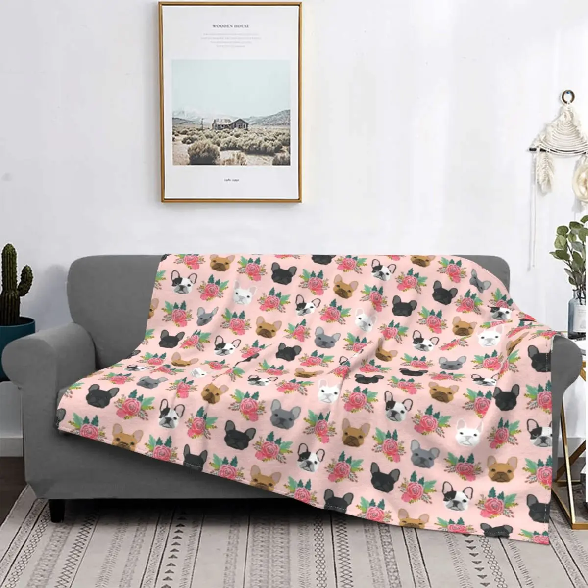 

French Bulldog Faces Pink Cute Dog Blanket Flannel Textile Breathable Lightweight Throw Blankets for Home Outdoor Bedspread