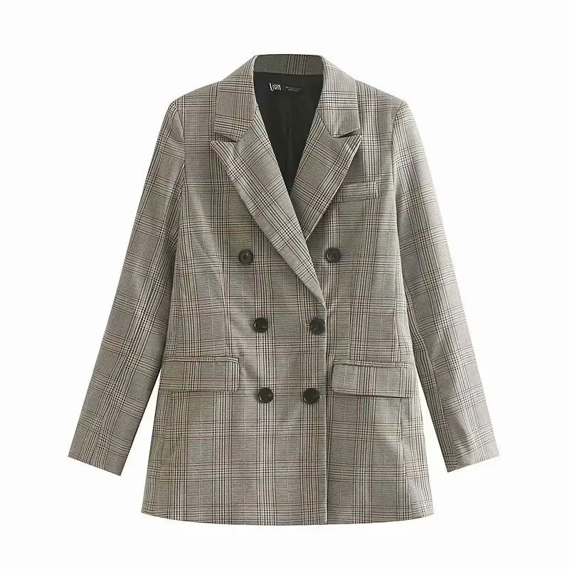 Double-breasted Long-sleeved Plaid Lapel Female Suit Autumn Office Professional Women's Jacket Korean Retro Chic Tops