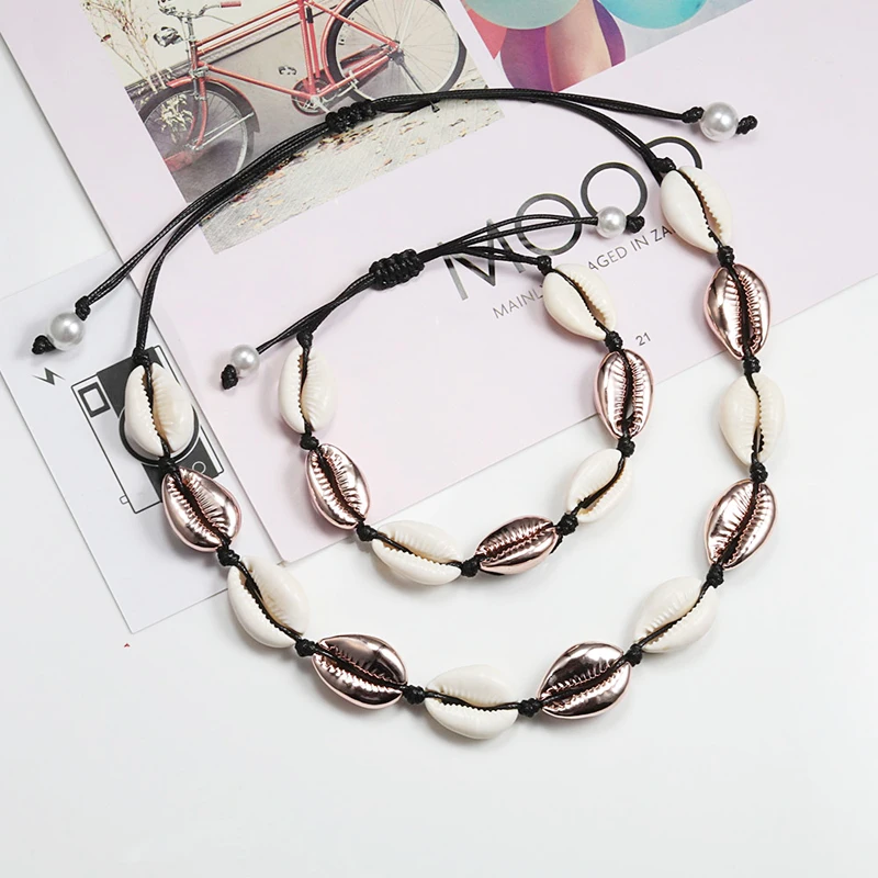 Shell Necklace&Bracelet Bohemia Nature Gold Seashell Cowrie Charm Necklaces For Women Choker Rope Chain Bracelets Summer Jewelry