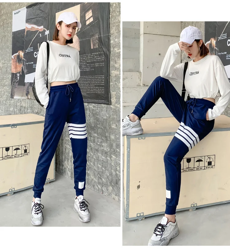 BIVIGAOS Four Bars Cotton Gray Sport Pants Women New Korean Casual Sweatpants Slim Joggers Pants Spring Autumn Sweat Pants