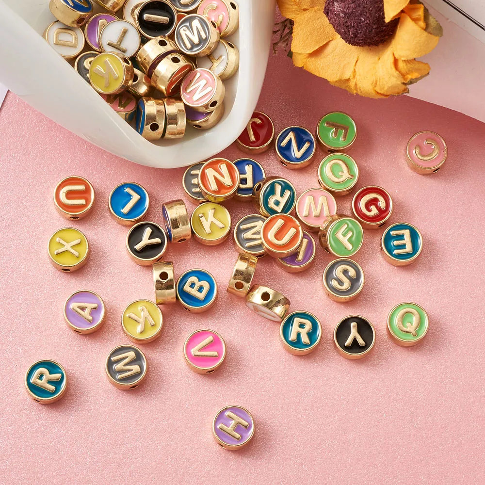 Alloy Enamel Beads, Cadmium Free & Nickel Free & Lead Free, Flat Round with  Initial Letters, Light Gold, Letter A~Z, 8x4mm, Hole: 1.5mm, 26letters