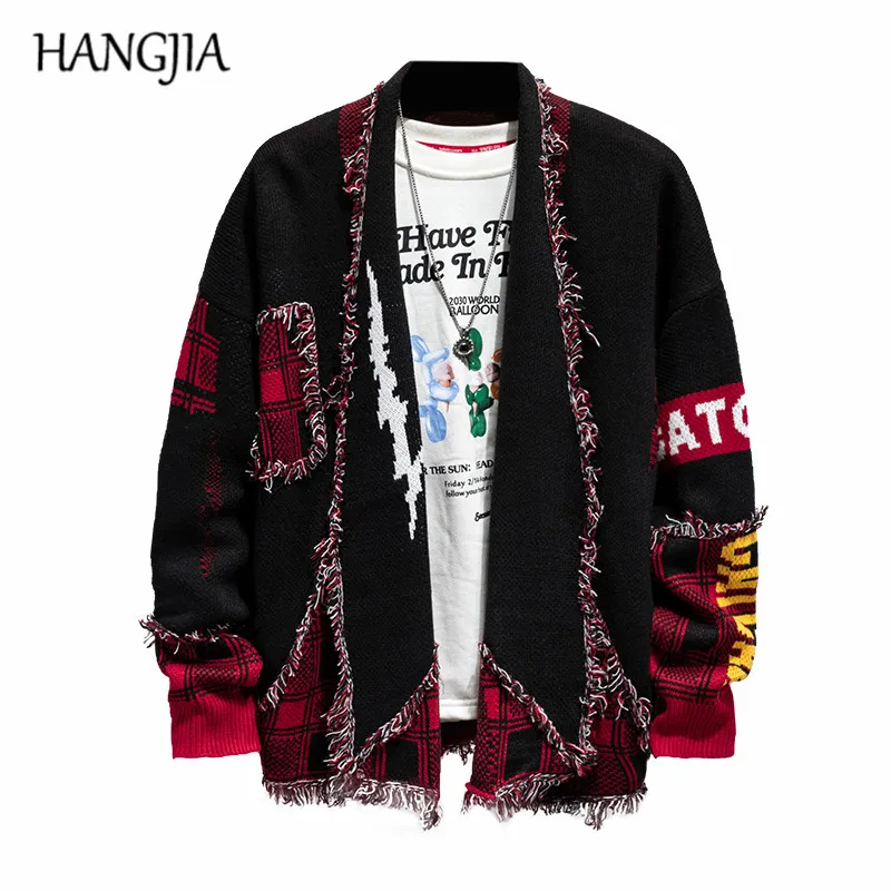 Hip Hop vintage borla suéter Cardigan chaqueta de Harajuku Streetwear parche chaquetas para exteriores hombres bordes de suéteres de punto