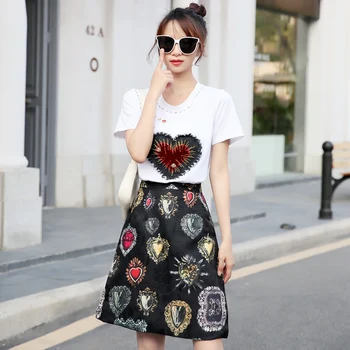 

Summer 2020 New Women Fashion Sets Printed Short Sleeve Cotton T-Shirt & High Waist Jacquard A-Line Skirt Suits Two-Piece Set