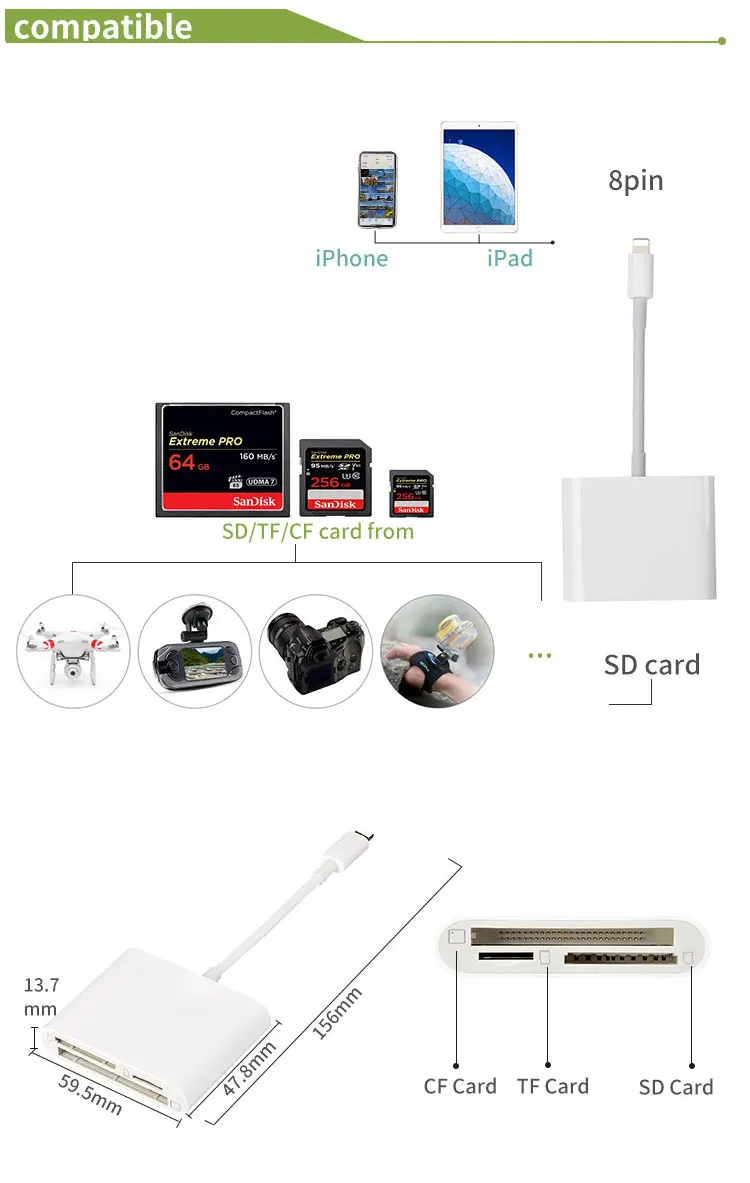 OTG iPhone Aux адаптер освещение для SD/TF/CF кард-ридер 3 в 1 Передача для Apple iPhone 6,7, 8,8 Plus, X, XS поддержка iOS13