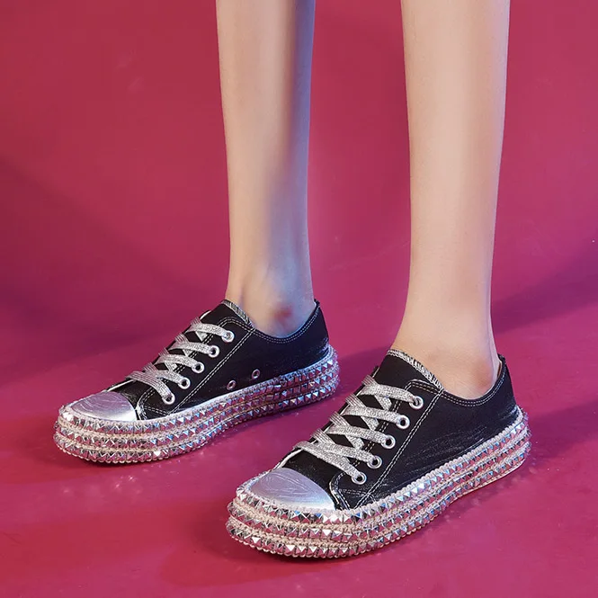 Low Top Black Парусиновая обувь леопардовой расцветки с заклепками; женские высокие кроссовки; женская Вулканизированная Обувь На Шнуровке; повседневная обувь на плоской подошве; женские кроссовки на платформе с кружевом - Цвет: Low Top Black