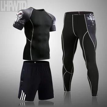 

Men's Compression Running jogging Suits Clothes Sports Set Short t shirt And Pants Gym Fitness workout Tights clothing 3pcs/Sets