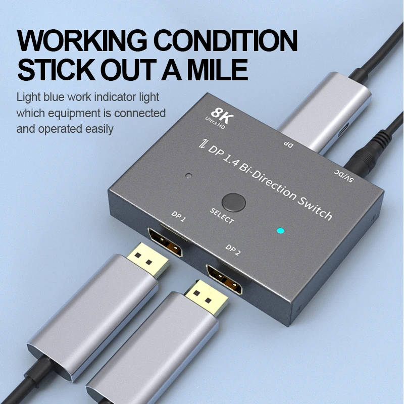 RIMICAB DisplayPort 8K DP 1.4 Switch Bi-Direction 8K @30Hz 4K@120Hz Convertidor divisor para m/últiples fuentes y pantallas.