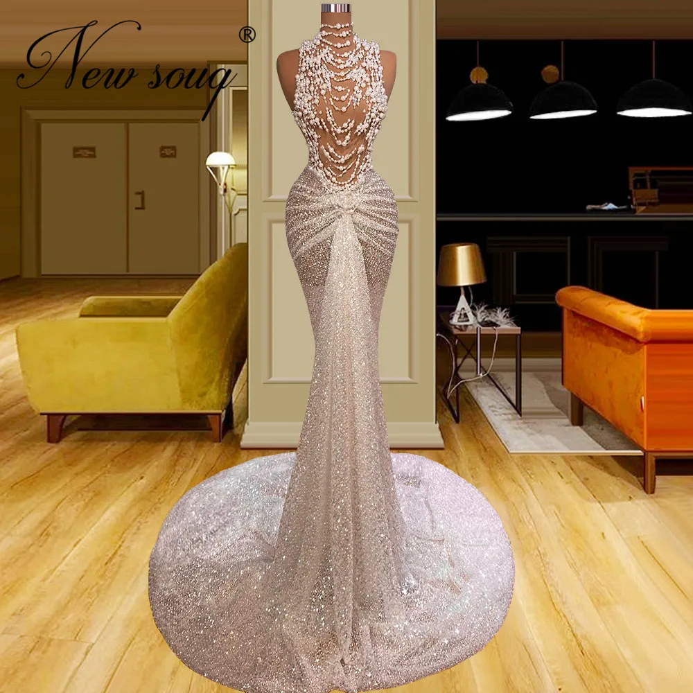 

2 Designs New Arrival Formal Pearls Evening Gowns Robes De Soiree Arabic Illusion Party Dresses Dubai Beading Women Prom Dresses