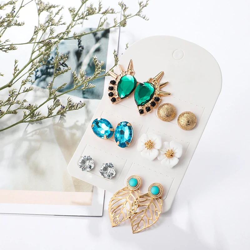 6 пар/уп. Набор шпилек для ушей женские Стразы цветы листья праздничный вечер бал