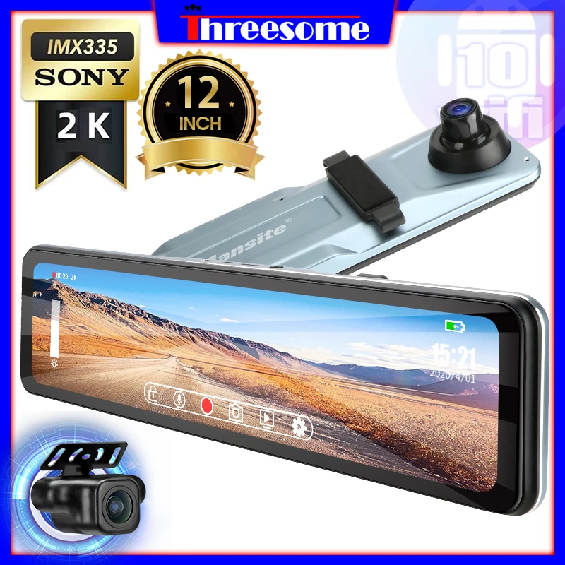 

Threesome 12" Car DVR Touch Square Screen stream media Dash cam mirror camera Anti-jamming GPS Track playback Recorder Rear DVR