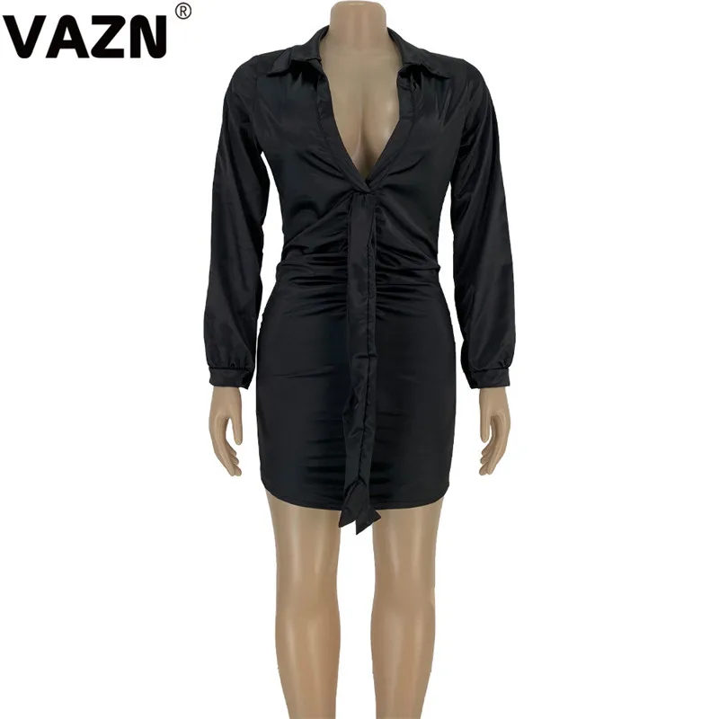 VAZN FNN8322 New High Quality Upmarket Untidy Sexy Overalls Fashion Bandage Button Solid Full Sleeve Women Thin Mini Dress