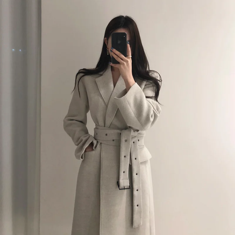 Women's wool long winter coat high quality with belt office lace up fashion | Женская одежда