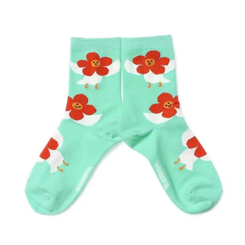 3FLOWER Green Хлопковые носки до середины икры для взрослых; чудесные, милые, пердят, цветы, цветы; Мода; бабочка, цыпленок; свежий зеленый цвет; в горошек; - Цвет: 3FLOWER Green